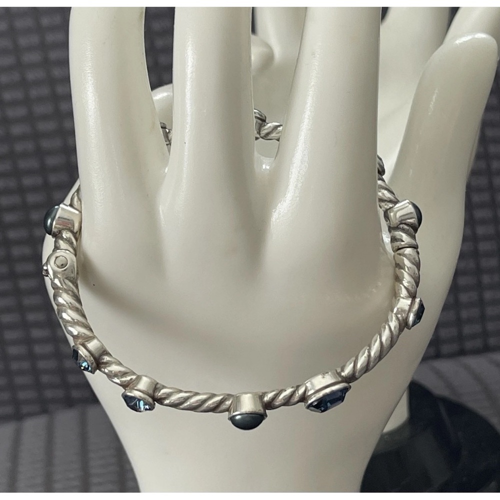 Brighton MONTE CARLO Silver Rope Hinged Blue Crystal Faux Pearl Bangle Bracelet - Picture 7 of 12